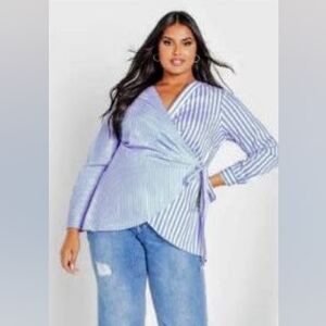 Avenue Women's Light Blue Striped Wrap Blouse